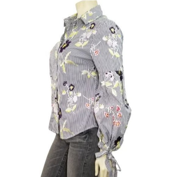 Nanette Lepore Striped Embroided Button-up Blouse Top M Balloon Sleeves - Picture 3 of 6
